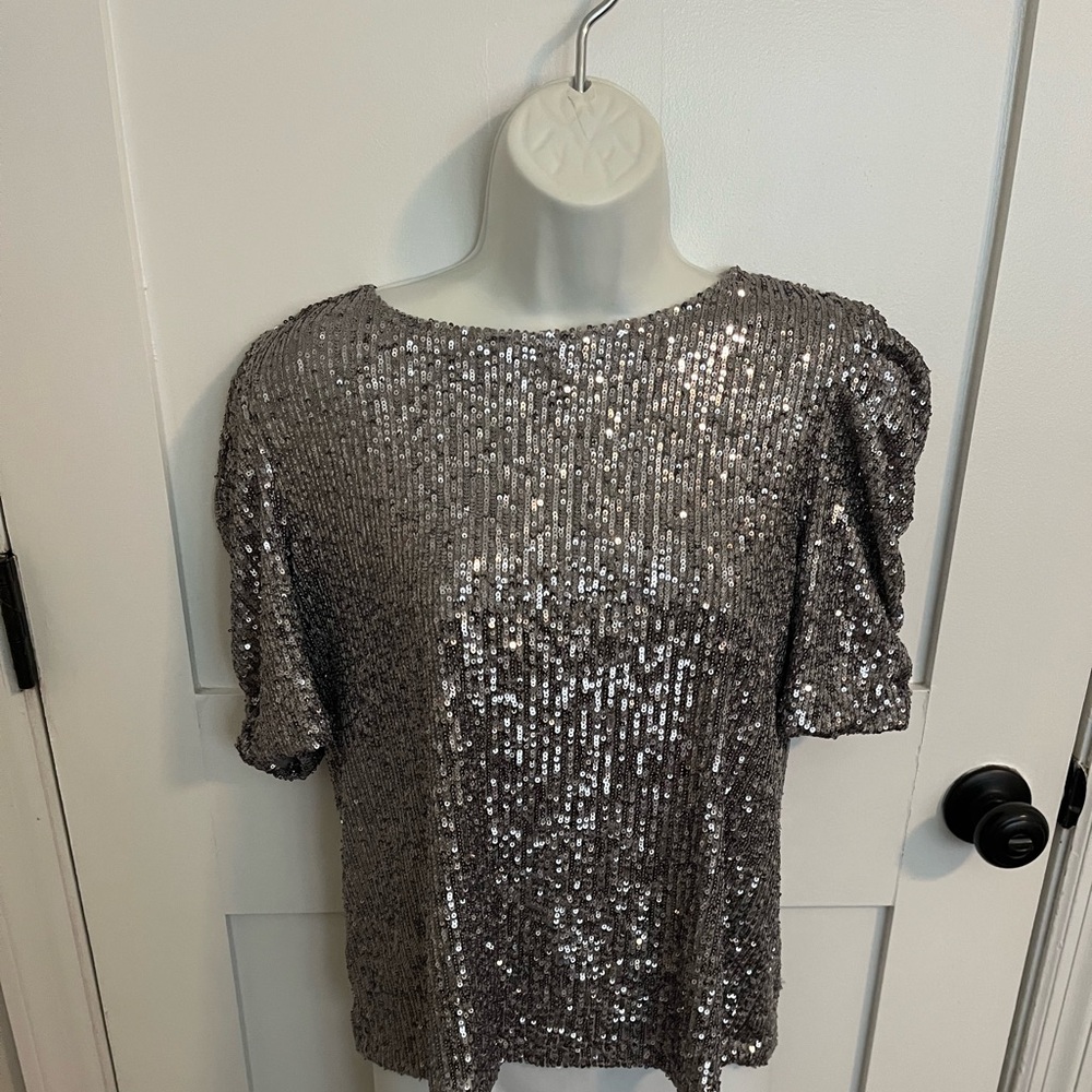 Rachel Zoe Silver Puff Sleeve Sequin Blouse